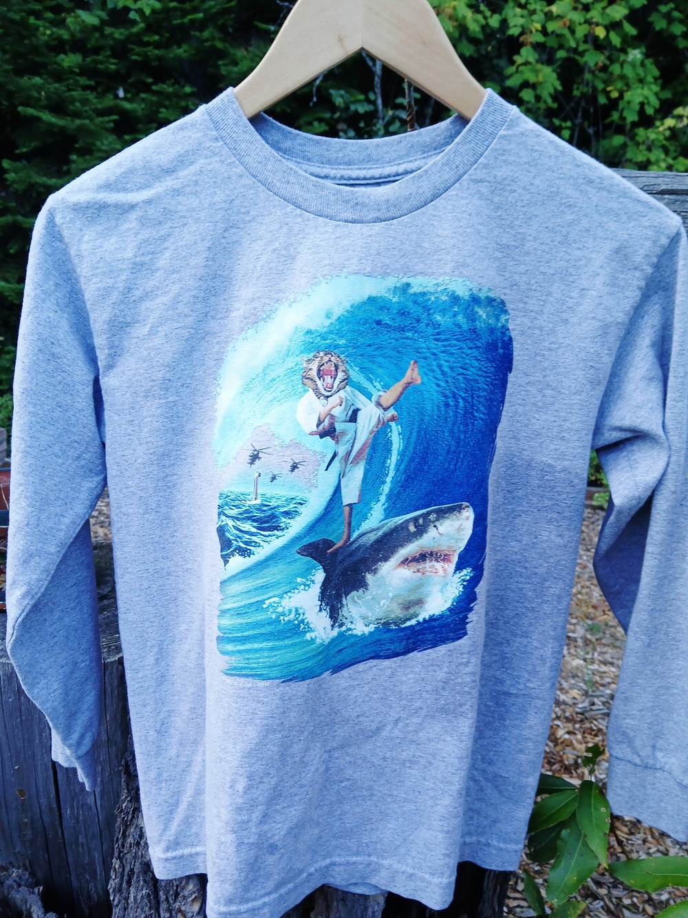 Audio Council Boys Tiger Karate Shark Surfing Long Sleeve Graphic Tee Grey M